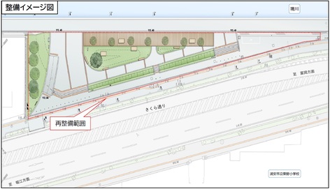 画像：再整備イメージ図です。管理用通路沿いにはウッドデッキを配置し、河川と公園が連続した空間となることを目指します。